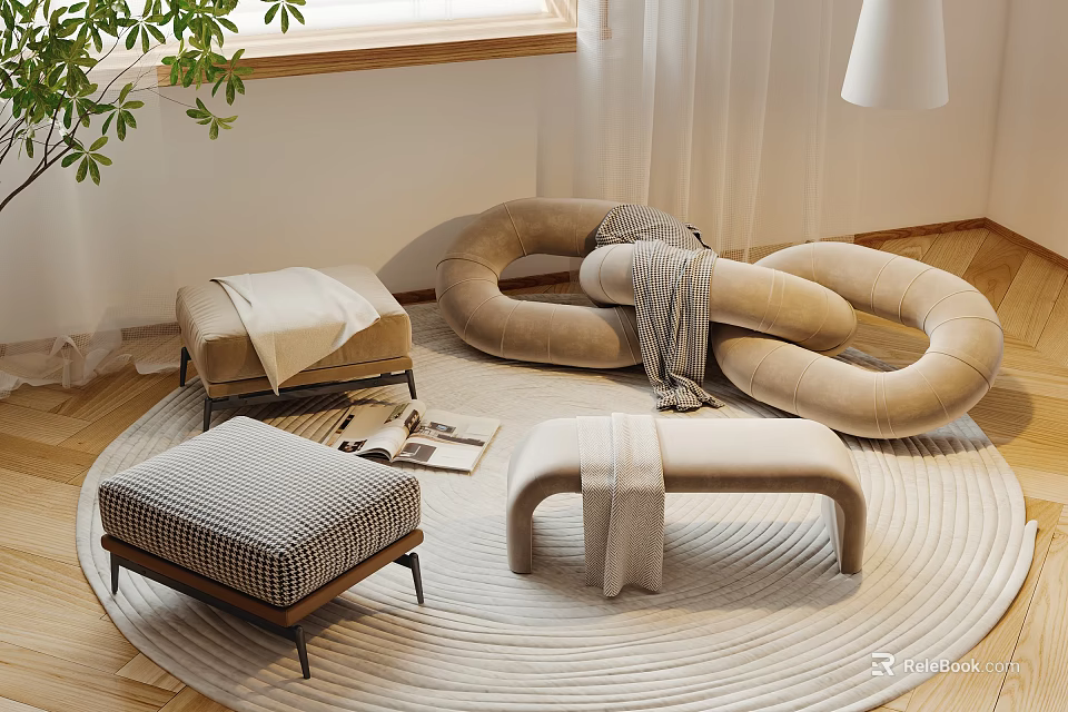Modern Beige Circular Sofa and Coffee Table Set with Ottoman Rug and Plant by Window 3d model 