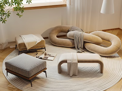 Modern Beige Circular Sofa and Coffee Table Set with Ottoman Rug and Plant by Window 3d model