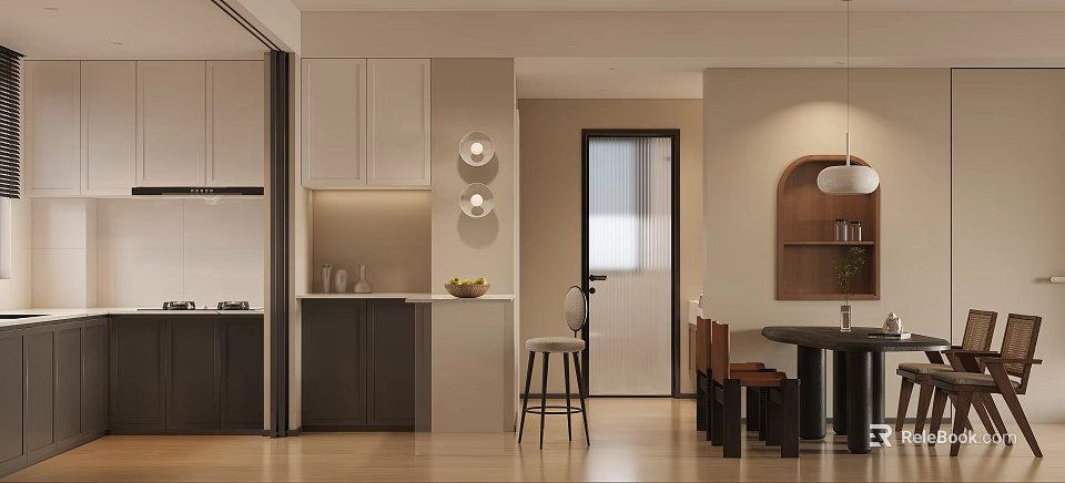 Modern Open Concept Restaurant Interior With Dining Table Chairs And Pendant Lights 3d model