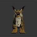 Orange Spotted Lynx with Long Tufted Ears Roaring in Crouching Stance on Gray Background