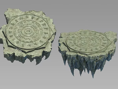 Scenic View Featuring Two Floating Stone Discs With Carved Patterns And Rocky Edges 3d model