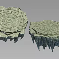 Scenic View Featuring Two Floating Stone Discs With Carved Patterns And Rocky Edges 3d model