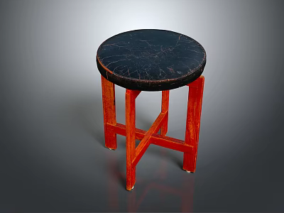 Modern Stool With Round Black Marble Top And Orange Crossed Wooden Legs 3d model