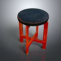 Modern Stool With Round Black Marble Top And Orange Crossed Wooden Legs