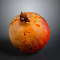 Fresh Ripe Onion With Reddish Orange Textured Skin And Stem On Dark Background