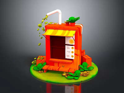 Colorful Orange Food Stand With Yellow Awning Green Plants And Coffee Beans 3d model