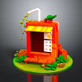Colorful Orange Food Stand With Yellow Awning Green Plants And Coffee Beans
