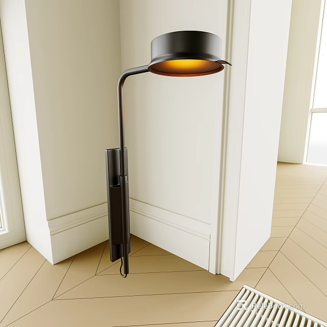 Modern Black Wall Lamp With Curved Arm Warm Light Mounted On White Wall Wooden Floor 3d model 