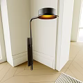 Modern Black Wall Lamp With Curved Arm Warm Light Mounted On White Wall Wooden Floor