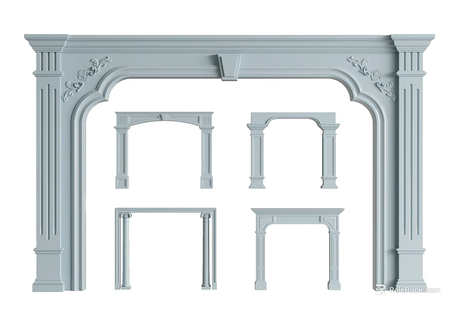 Roman Columns Fireplace Mantel With Various Ornate Carvings And Architectural Designs 3d model 