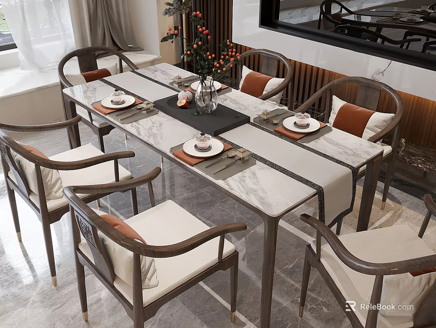 Modern Chinese Style Dining Table Set with Wooden Chairs Marble Tabletop and Floral Centerpiece 3d model 