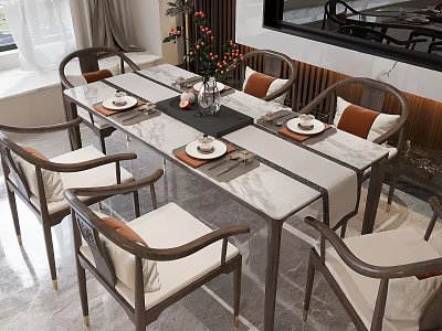 Modern Chinese Style Dining Table Set with Wooden Chairs Marble Tabletop and Floral Centerpiece 3d model