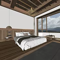Hotel Guest Room Featuring Wooden Headboard King Bed Woven Pendant Light And Mountain View Window