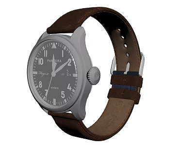 Gray Dial Aviator Watch with Brown Leather Strap and Numeral Display Classic Timepiece 3d model