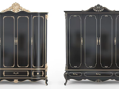 Elegant Black Wardrobe With Gold Accents Ornate Carvings Double Doors And Drawers 3d model