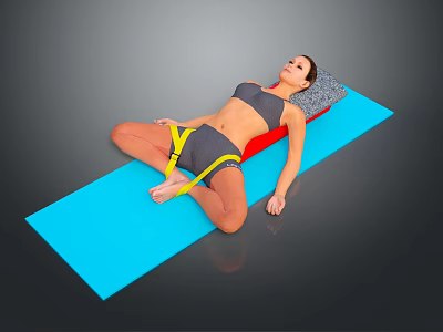 A Woman Performing Stretching Exercise With Yellow Resistance Band On Blue Yoga Mat 3d model