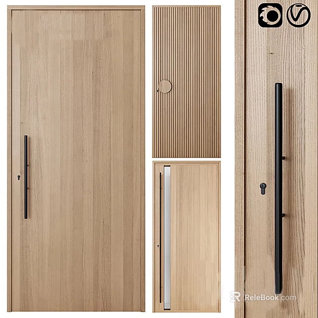 Modern Minimalist Hinged Door Design With Natural Wood Grain And Black Metal Handle 3d model 