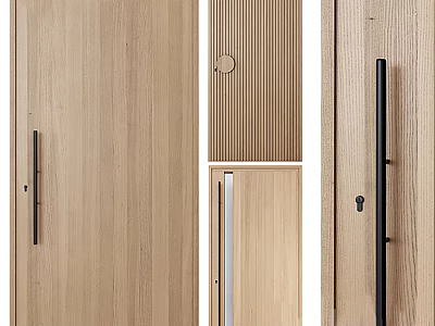 Modern Minimalist Hinged Door Design With Natural Wood Grain And Black Metal Handle 3d model