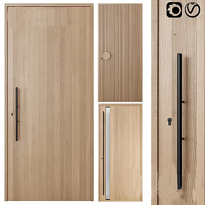 Modern Minimalist Hinged Door Design With Natural Wood Grain And Black Metal Handle 3d model