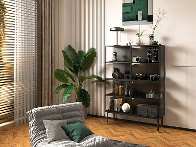 Modern Black Metal Shelving Unit In Living Room With Green Plants And Decorations 3d model