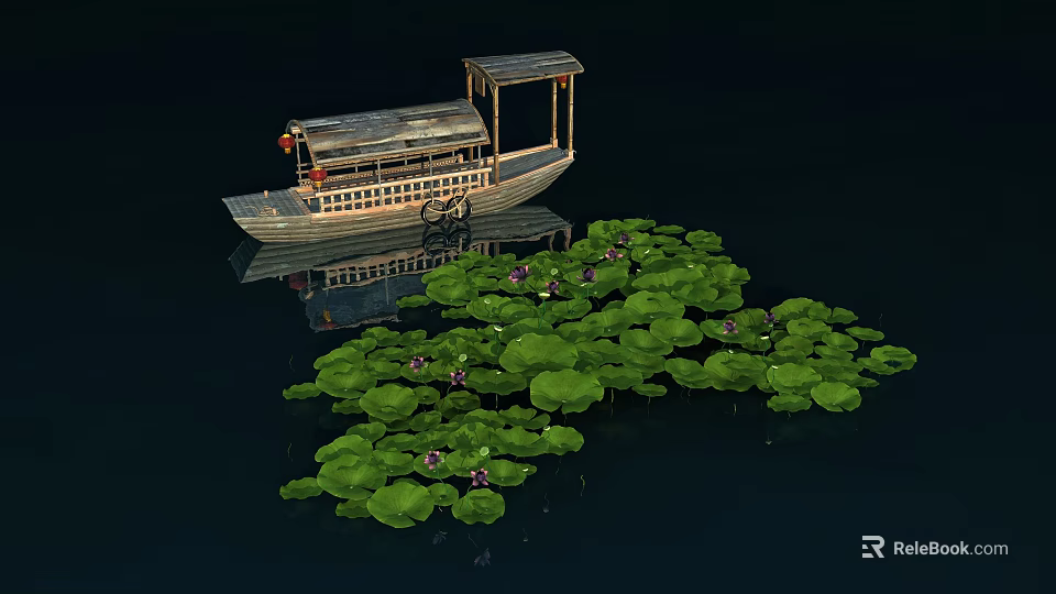 Traditional Chinese Boat Floating Among Green Lotus Leaves With Flowers Reflected On Calm Water Surface 3d model 