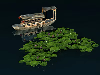 Traditional Chinese Boat Floating Among Green Lotus Leaves With Flowers Reflected On Calm Water Surface 3d model