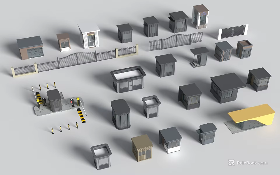 Small Building Models In Various Styles With Fences Guard Booths And Different Designs 3d model 