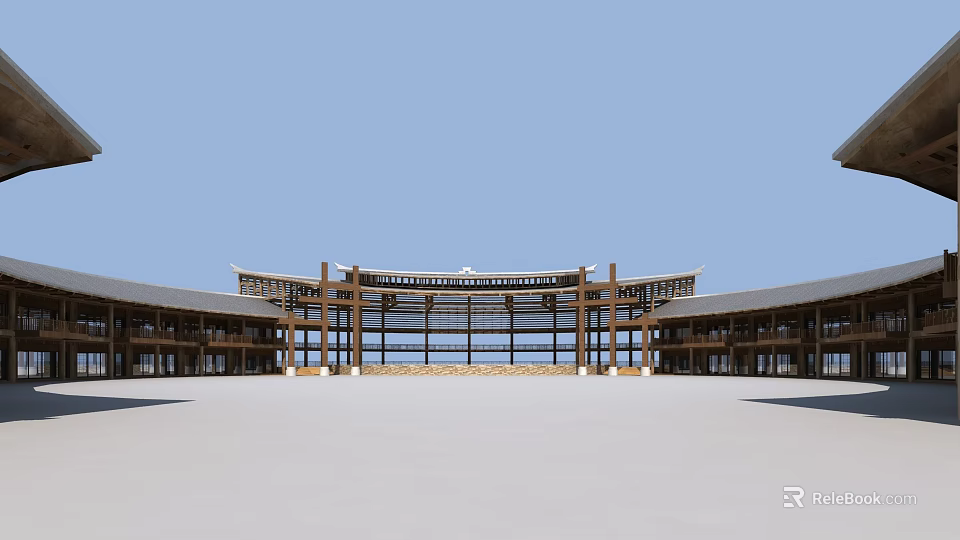 Traditional Modern Commercial Street Architecture With Wooden Roof And Spacious Plaza 3d model 