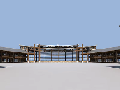 Traditional Modern Commercial Street Architecture With Wooden Roof And Spacious Plaza 3d model