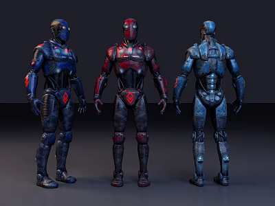 Three Sci Fi Game Movie Robot Characters With Blue Red Armor And Mechanical Details 3d model