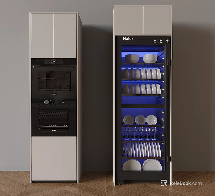 Haier Kitchen Appliances With Oven And Dish Sterilizer Featuring Blue Lighting And Dishes 3d model 