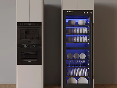 Haier Kitchen Appliances With Oven And Dish Sterilizer Featuring Blue Lighting And Dishes 3d model