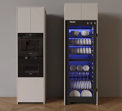 Haier Kitchen Appliances With Oven And Dish Sterilizer Featuring Blue Lighting And Dishes 3d model