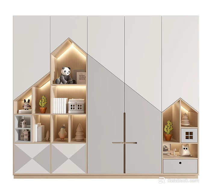 Modern Geometric Wardrobe With Wooden Elements White Panels Storage Compartments And Decorative Items 3d model