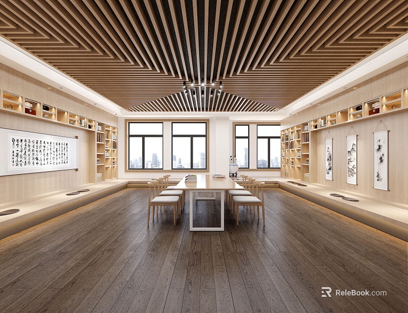 Art and Book Themed Study with Bookshelves Calligraphy Works Long Table and Windows 3d model 