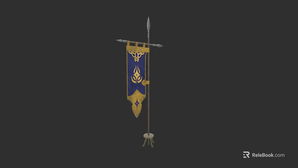 Blue And Gold Flag With Golden Emblem On Pole Stand Design 3d model 