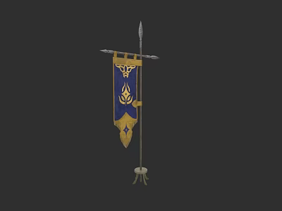 Blue And Gold Flag With Golden Emblem On Pole Stand Design 3d model
