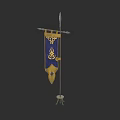 Blue And Gold Flag With Golden Emblem On Pole Stand Design
