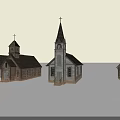Antique European Style Wooden Church Buildings With Spires And Crosses