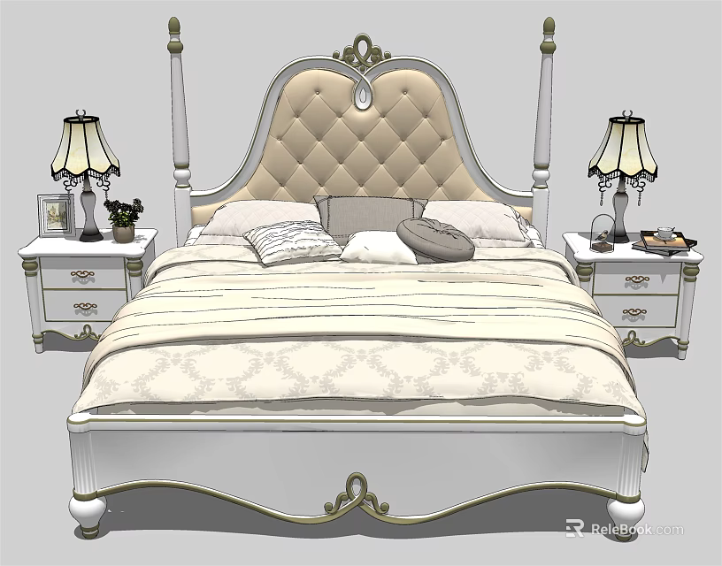 Elegant Classic Double Bed Design With Tufted Headboard Bedside Tables And Lamps 3d model 