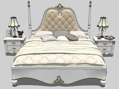 Elegant Classic Double Bed Design With Tufted Headboard Bedside Tables And Lamps 3d model