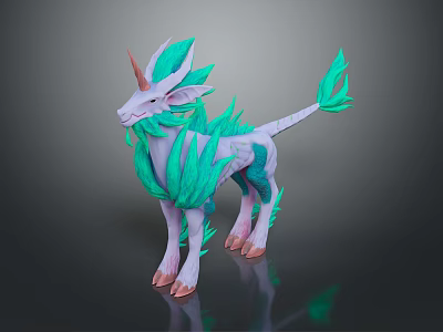 Teal And White Mythical Creature 3D Model With Horn Leaf Like Mane And Tail 3d model