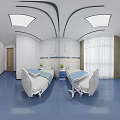 Modern Hospital Room Interior With Two Beds Blue Floor White Walls And Curtains
