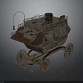 Vintage Wooden Carriage Design With Metal Railings Wheels And Hanging Lamp