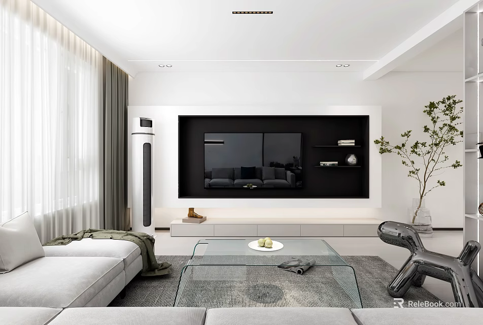 Modern Living Dining Room Interior With Sofa Coffee Table TV Wall And Green Plant 3d model 