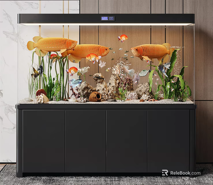 Modern Aquarium Display With Colorful Ornamental Fish And Lush Aquatic Plants On Black Cabinet 3d model 