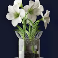 White Flowers In Transparent Glass Vase With Mesh Decor And Green Stems