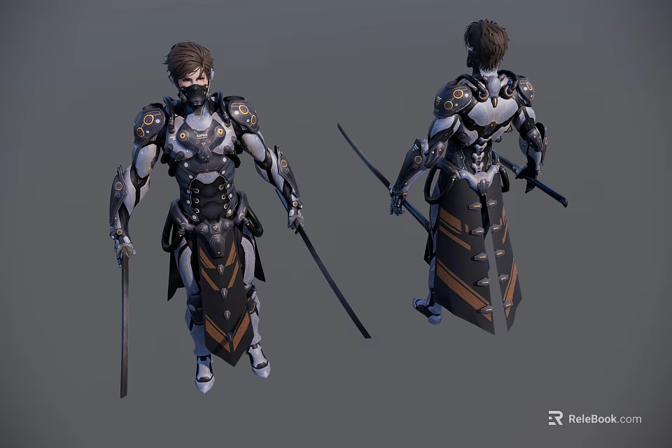 Fantasy Warrior Man Wearing Detailed Intricate Armored Outfit Holding Two Swords 3d model 