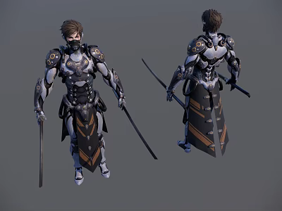 Fantasy Warrior Man Wearing Detailed Intricate Armored Outfit Holding Two Swords 3d model