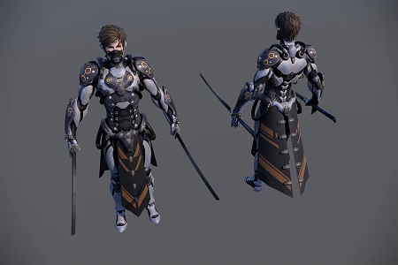 A male guard with double swords in armor 3d model